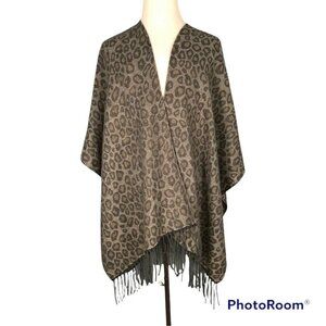 Woolrich Leopard Print Fringe Poncho Wrap One Size Polyester & Viscose Brown/Gra